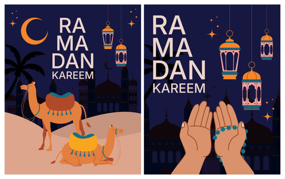 2d vector Ramadan Kareem, geometric background and wallpaper design, Ramanda Kareem illustration, greeting card template, hand praying and holding rosary, 
