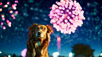 A worried brown dog against noisy fireworks