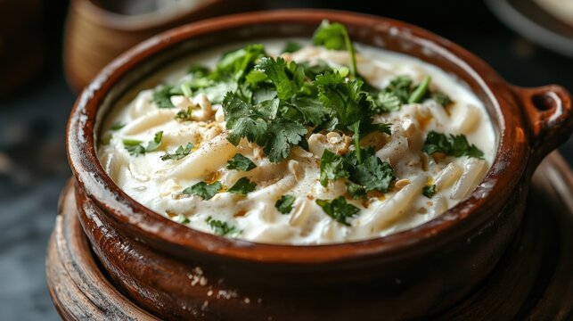 A vibrant bowl of som fak (fermented bamboo shoots) cooked in coconut milk, garnished with fresh cilantro and served in a clay pot