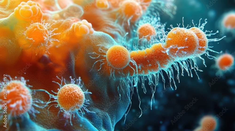 Poster stunning microscopic view inside a cell showcasing colorful abstract bacteria with intricate details