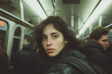 Young woman with windblown hair on a subway train
