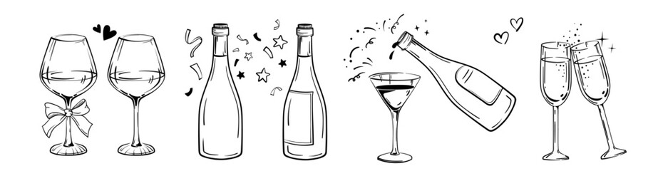 Vector party alcohol glass bar drinks hand drawn beverages print.Bottles of champagne, wine and glasses.