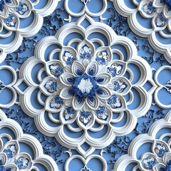 Intricate 3D Floral Pattern in Blue and White: Layered Paper Flowers and Ornate Details