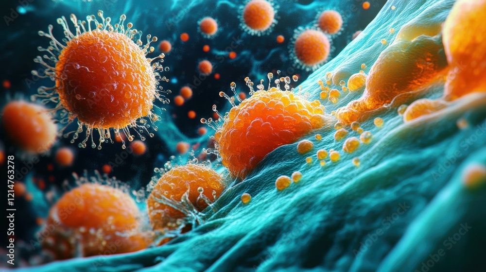 Poster microscopic view inside a cell showcasing colorful organisms and intricate structures with abstract 