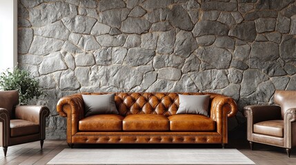 Classic Leather Sofa in a Stone Wall Living Room