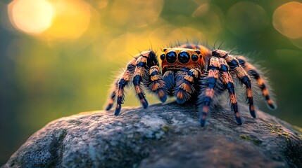 Playful fluffy spider with vivid patterns sitting atop a sunlit stone in a forest