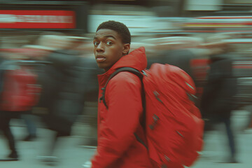 Man in red jacket with backpack walking in a busy city street