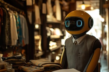 Robot assistant helping customers in a trendy boutique shop in the afternoon