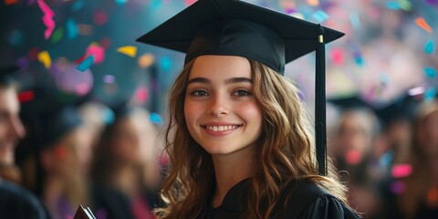 A joyful graduate celebrating with colorful confetti, symbolizing achievement and success. Perfect for education themes, celebratory ads, and motivational visuals.