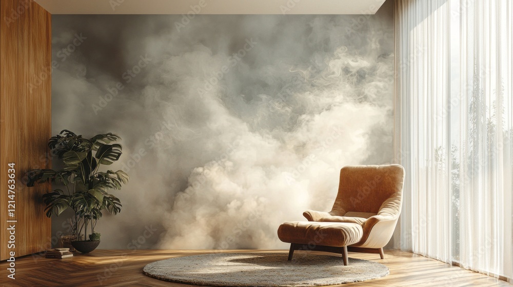 Poster soft clouds gently blend into a serene living room, enhanced by a cozy chair and natural light filte