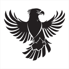A bold, stylized silhouette of an eagle in mid-flight, with outstretched wings.