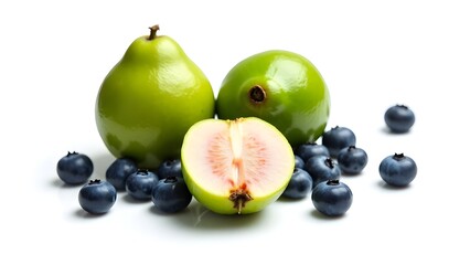 Obraz premium half-cleaned blueberries and guava isolated on a pure white background