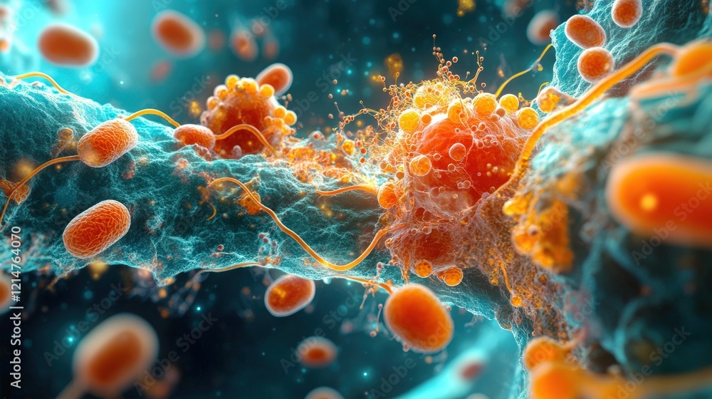 Poster detailed microscopic view of cellular structure illustrating intricate biological processes includin