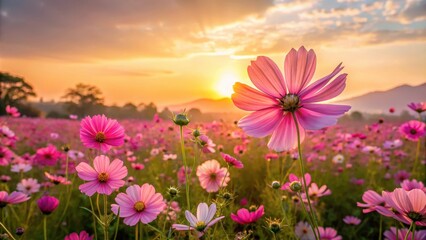 Fototapeta premium Cosmos flower field at sunrise, flower field, floral, flower field, floral, fields of cosmos