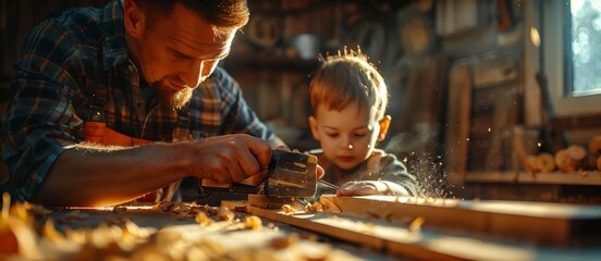 Father and Son Woodworking Together in Workshop