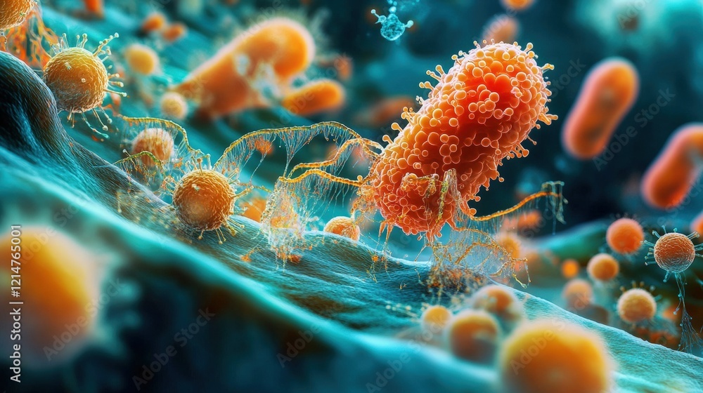 Poster microscopic view inside a cell representing bacteria with abstract background and vibrant colors in 