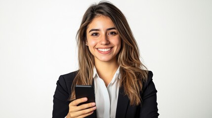 Fototapeta premium Happy woman in business attire holding smartphone and smiling