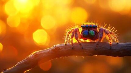 Vibrant and fluffy spider in many colors sitting on a smooth branch in a golden sunset