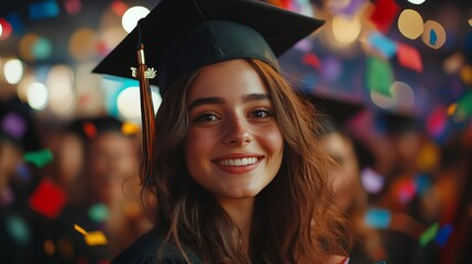 A joyful graduate celebrating with colorful confetti, symbolizing achievement and success. Perfect for education themes, celebratory ads, and motivational visuals.