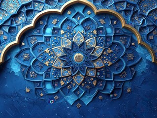 Intricate Blue and Gold Geometric Floral Pattern with Traditional Middle Eastern Design Elements