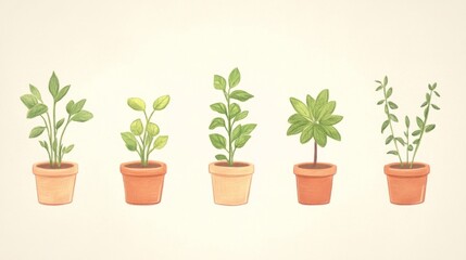 Obraz premium Five potted herbs basil, oregano, mint, rosemary, thyme.