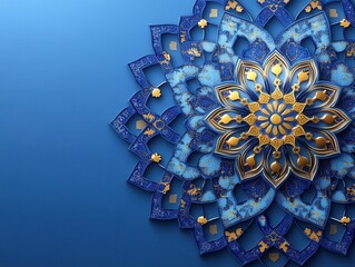 Intricate Blue and Gold Mandala Design with Geometric Patterns and Textures on a Solid Blue Background