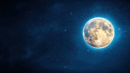 Fototapeta premium Celestial Night: A luminous full moon dominates the night sky, its radiant glow illuminating the distant stars in a breathtaking celestial display. 