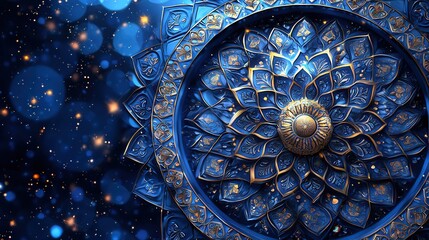 Intricate Blue and Gold Mandala with Sparkling Background: A Luxurious Artistic Design