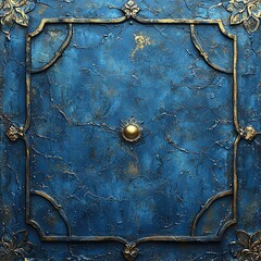 Intricate Blue and Gold Metallic Panel with Ornate Frame and Central Knob
