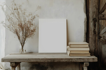 Rustic Still Life: Dried Flowers, Blank Canvas, and Stack of Books on Wooden Table