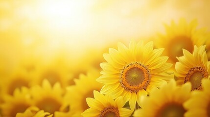 Obraz premium Sunlit Sunflower Field: A vibrant field of sunflowers basks in the warm glow of the sun, their bright yellow petals radiating joy and summer warmth. The image evokes a sense of peace and abundance.