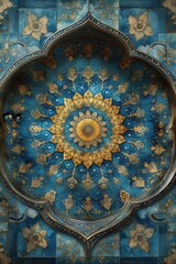 Intricate Blue and Gold Mosaic Tile Artwork with Mandala Design