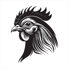  Silhouette of Detailed Black and White Rooster Head Illustration
