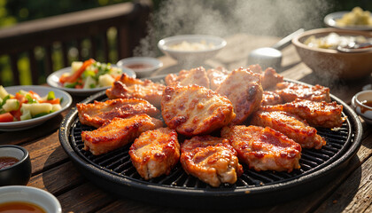 Sizzling grilled samgyeopsal in outdoor BBQ setting, savory feast