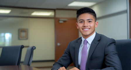 P A young Hispanic businessman in a conferenc