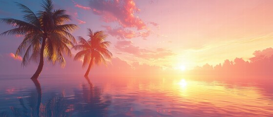 Obraz premium Serene Tropical Sunrise with Silhouetted Palm Trees by Calm Water
