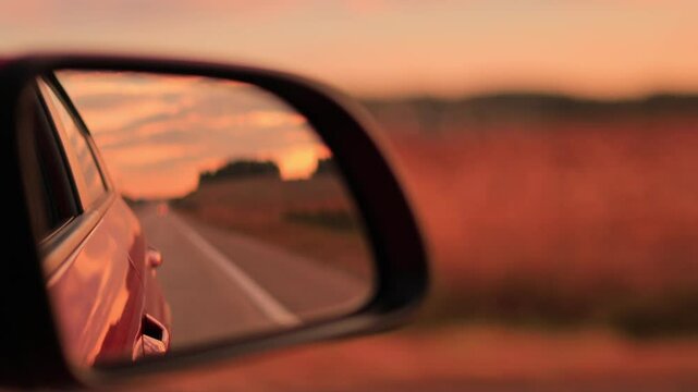The sun is reflected in the mirror, evening road. View in the side rear view mirror of a red car driving along the highway