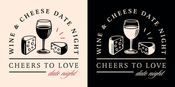 Wine and cheese lovers date night cheers to love invitation social media post retro fancy aesthetic illustration. Romantic French themed dinner couple valentines day event quotes decor shirt design.