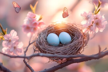 A tender little bird's nest set on a flowering cherry tree branch in spring, with tiny pink flowers gently falling.  