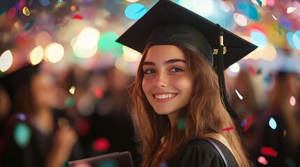 A joyful graduate celebrating with colorful confetti, symbolizing achievement and success. Perfect for education themes, celebratory ads, and motivational visuals.