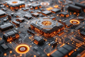 Intricate Circuit Board with Glowing Orange Components