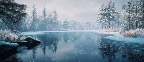 Scenic winter landscape with a frozen lake, loch, river, bay, frosty trees, and snow-covered mountains, fog. Serene, ice textures, minimalist, peaceful nature scene. Generative ai
