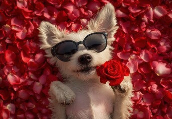 Cute white dog wearing sunglasses lying on a bed of red rose petals while holding a bright red rose, symbolizing love and playfulness in a charming pet portrait.