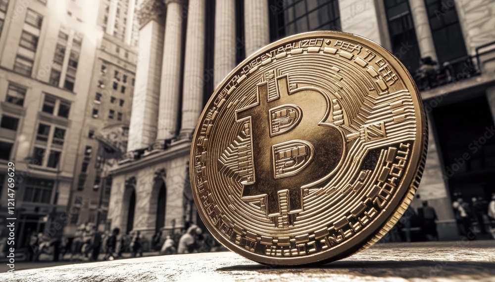 Poster shiny bitcoin coin in urban setting with classic architecture