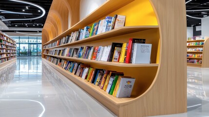 Modern Library Interior with Curved Shelves and Colorful Books