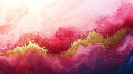 Obraz premium Abstract fluid art with pink, red, and gold hues creating dynamic, flowing patterns