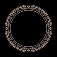 Gold round Kazakh national ornament on black background. The classic pattern of the peoples of the Great Steppe. The decoration of the yurt of the Turks, Mongols, Kyrgyz, Kazakhs. Islamic round frame 
