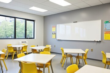 A modern classroom with sleek furniture and bright yellow accents. The walls are painted in soft gray, and there are colorful posters and a large whiteboard