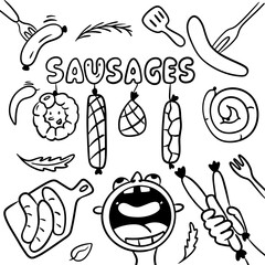 Vector doodle elements of different types of sausages, logo for a sausage shop, sausages on a fork, lettering for a sausage shop, sausages on a chalkboard, character design with sausages