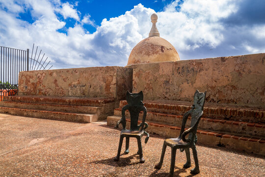 Cute chair in cat face shape. Common public display, public seatings and mascot for Puerto Rico islanders, especially in old San Juan area. Cats and their statues are everywhere and well taken care of